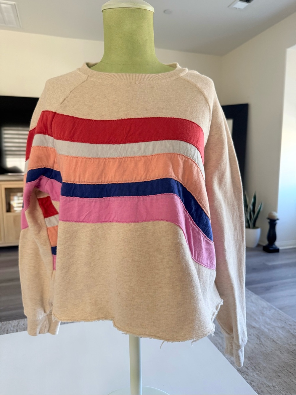 Marine Layer Cream Crewneck Sweater with Red, Pink, Navy & Peach Stripes